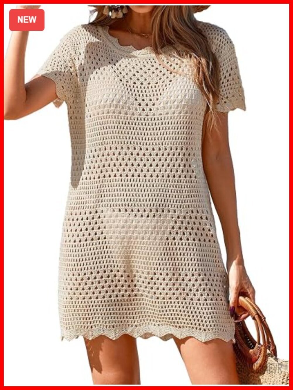 Crochet Swimsuit Cover Up Mini Dress Short Sleeve Mesh Knit Beach Coverup